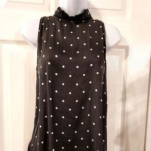 Ann Taylor LOFT polka dot Sleeveless Ruffle Neck Tank Small Grey White E…